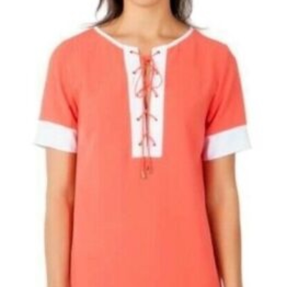 Fraiche Coral Lace-Up Pocket Short Sleeves Dress